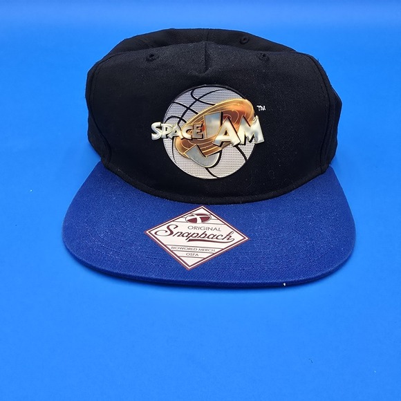 VTG Black Blue Space Jam Cartoon Basketball Snapback Flat Bill Hat‎ Cap New - Picture 1 of 6